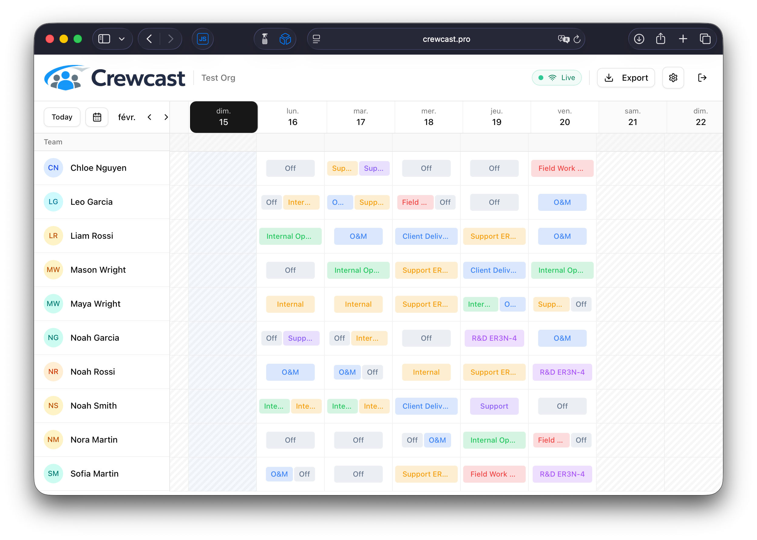 Crewcast team calendar dashboard showing project assignments across a week